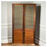 MID CENTURY CABINET  | Upper cabinet doors having beveled glass with grill work over lower double ca