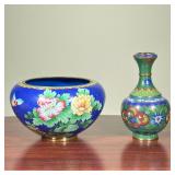 CLOISONNÉ VASE AND BOWL  | Cloisonné vase (h. 9 in.) and a Jingfa bowl (dia. 10 in.) having blue and