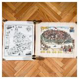 MAP & MEDIEVAL PRINT  | Displaying the city of Carcasona in 1490 on parchment paper, and a map displ