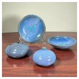 (3pc) HANDMADE POTTERY  | Miscellaneous pottery all having a similar blue glaze including two matchi