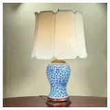 BLUE & WHITE BALUSTER LAMP  | Porcelain table lamp with scroll and vine decoration, on a wooden base
