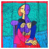 PICASSO SILK SCARF  | Silk Picasso scarf with a colorful portrait within a red border, no apparent m