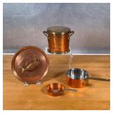 (4pc) MISC. COPPER COOKWARE  | Including a lidded sifter, a small copper pot (overall l. 8 in.), and