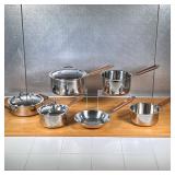 (6pc) CUISINART COOKWARE SET  | Stainless steel, unmarked but all likely Cuisinart, with wood handle