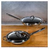(2pc) CUISINART FRYING PANS  | Heavy stainless steel, both with lids, largest dia. 10.75 in.