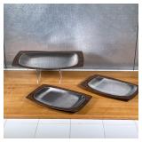 (3pc) WEAVEWOOD TRAYS  | Nicely figured wood trays with stainless steel inserts - l. 16 x w. 11.75 i