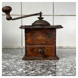 EARLY COFFEE GRINDER  | Wood case with metal hardware, no apparent identifying marks - l. 5.75 x w. 