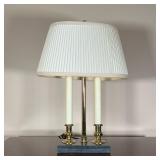 MARBLE & BRASS TABLE LAMP  | Buillote lamp style, with two faux candlesticks centering a brass colum