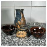 (5pc) POTTERY ITEMS  | Including a lidded jar and a pitcher both signed with initials on the bottom,