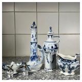 (6pc) DELFT & OTHER PORCELAIN  | Including two Delft figural pitchers with a blue underglaze decorat