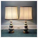(2pc) PAIR PORCELAIN TABLE LAMPS  | Green and white porcelain table lamps with transfer ware floral 