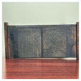 JAPANESE WOOD BLOCK  | With inscription and detailed carved hillside townscape - w. 19 x h. 9.5 in.