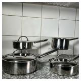 (4pc) CUISINART POTS  | Stainless steel cookware, three of the pots marked Cuisinarts, one pot unmar