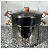 STAINLESS STEEL STEAMING POT  | Stainless steel with wood handles, no apparent markings, a 7.25  in