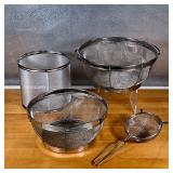(4pc) SIFTERS & STRAINERS  | Including a cylindrical strainer/sifter (h. 6.75 in.), a small handheld