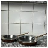 (2pc) BRASS HANDLED FRYING PANS  | Heavy! Brass handles, copper exteriors, stainless steel interiors