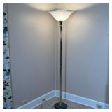 BRASS & MARBLE FLOOR LAMP  | Tall brass Colum, with a large domed plastic shade, and a round dark gr