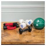 (6pc) WORKOUT EQUIPMENT SET  | 8 lbs. medicine ball, a pair of 6 lbs. "triangle" dumbbells, pair 3 l
