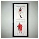 FASHION PRINTS | Two prints of pen and ink fashion drawings on paper framed together vertically, eac
