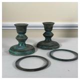 PATINATED BRONZE CANDLESTICKS  | With matching rims for hurricane shades (dia. 5.5 in.) - h. 5.5 in.