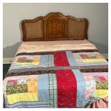 QUEEN CANED BEDFRAME  | Carved wood headboard with caning, nicely figured burled wood, no footboard,