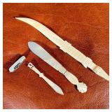 (4pc) DECORATIVE KNIVES | One mother of pearl mini multi tool; three letter openers: two are carved 