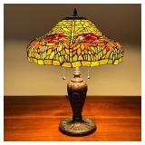 FLORAL STAINED GLASS LAMP | Tiffany style stained glass shade on a pressed metal base - h. 24 x dia.
