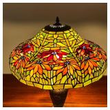 FLORAL STAINED GLASS LAMP | Tiffany style stained glass shade on a pressed metal base - h. 24 x dia.