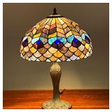 BLUE STAINED GLASS TABLE LAMP | Peacock feather form stained glass shade on a pressed metal base