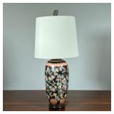 BLACK ENAMELED LAMP | Chinese famille noire sculpted vase with a border of bats and decorated with