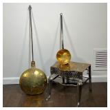 (3pc) BRASS ITEMS | Brass foot stool with open work accents and heart shaped holes;a coal bed warmer