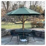 (6pc) WOODARD STYLE PATIO SET | Green outdoor furniture suite, including four arm chairs, a round