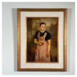 GERMAN GENRE PORTRAIT | Oil on board, painting showing a lady in an apron with a basket of flowers, 