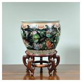 ENAMELED PORCELAIN JARDINIERE | Or "Fish Bowl," the outside, decorated extensively with fish, birds 