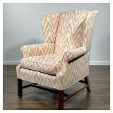 CHIPPENDALE WING CHAIR | Early 20th century with chevron patterned green and pink wool fabric;
