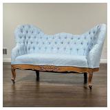BLUE CARVED SETTEE | l. 55 x w. 29 x h. 34 in. 
