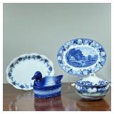 (5pc) LARGE BLUE & WHITE CHINA | Including a duck form vessel, a tureen, a round bowl, and two oval 