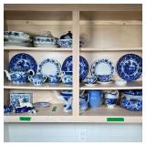 SHELF OF BLUE & WHITE CHINA | Five plates, pitchers, teapot, etc - dia. 9 in. (largest plate)  