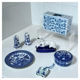 (7pc) BLUE & WHITE CERAMICS | Including a salt and pepper shaker, a Fitz and Floyd, Inc. dog box, et