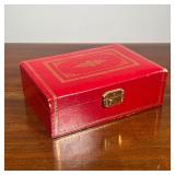 LEATHER BOUND JEWELRY BOX & CONTENTS | With internal folding tray, some keychains, trinkets, coins, 
