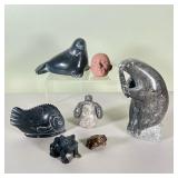 (7pc) CARVED STONE ANIMALS | Inuit stone and other figures, including a groundhog eating a leaf, sea