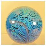 ART GLASS PAPERWEIGHT | Blue swirl art glass sphere signed and dated 9-29-2000 on bottom - dia. 3 in