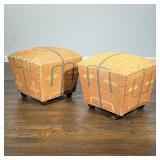 (2pc) PAIR KILIM OTTOMANS | Kilim upholstered footstools, with cushioned tops and brass tacks