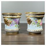 (2pc) PAIR GILT PAINTED JARDINIERES | Each decorated with hand painted blooming flowers and vines