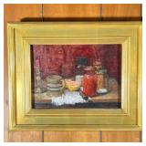 STILL LIFE ON CANVAS | Tabletop still life oil painting on canvas in gilt frame, showing jars and
