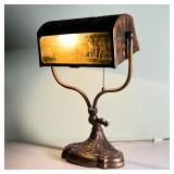 CAST BRASS DESK LAMP | Having a bankers lamp form shade with reverse painted glass panels (eglomise)