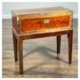ANTIQUE BURL WOOD WRITING BOX | With decorative brass binding, with red velvet-lined writing surface