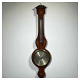 ANTIQUE BANJO BAROMETER |Broken pediment with brass finial, inlaid with intricate shell and starburs