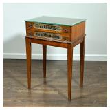 VINTAGE DISPLAY TABLE | Spool display side table with glass top and two glass drawers to display con