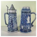 (2pc) METTLACH STEINS | A pair of large blue and grey Mettlach steins; one 2L lidded stein